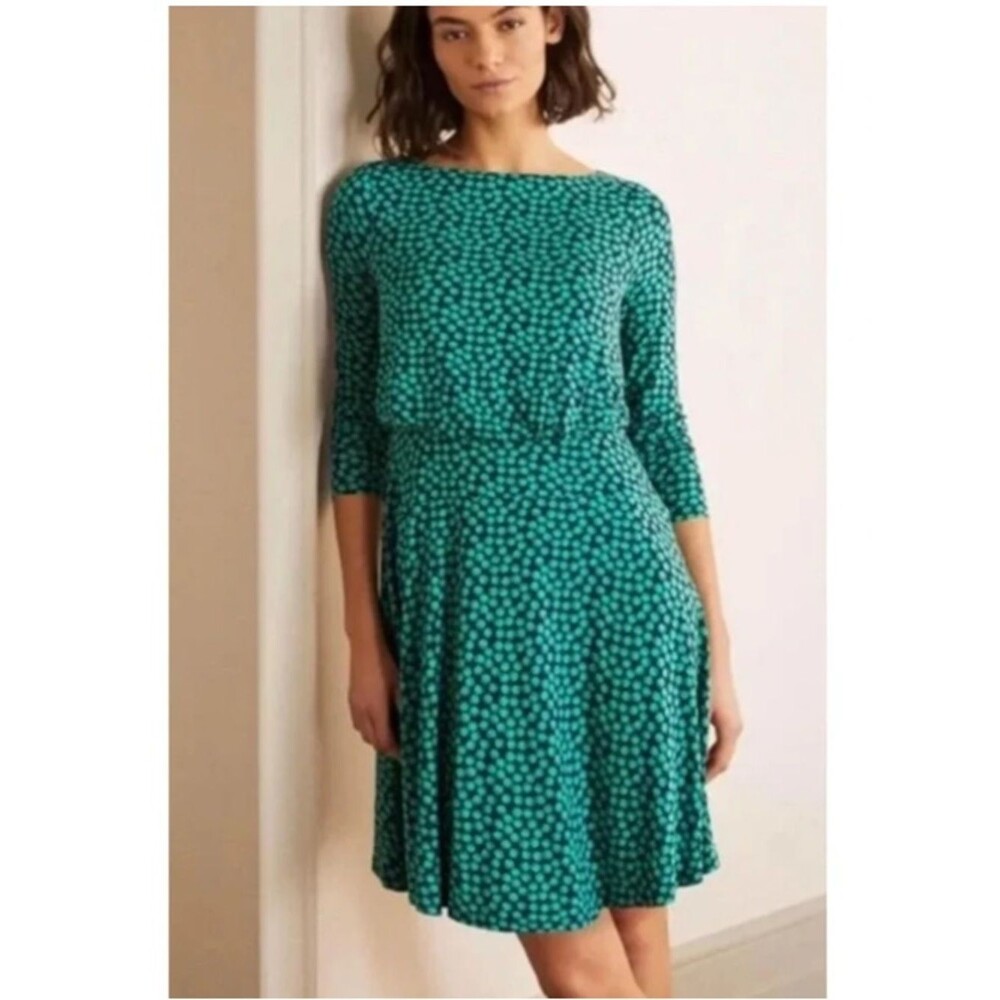 BODEN Nellie Navy Blue & Green Bubble Dots Soft & Stretchy Jersey-Knit Dress